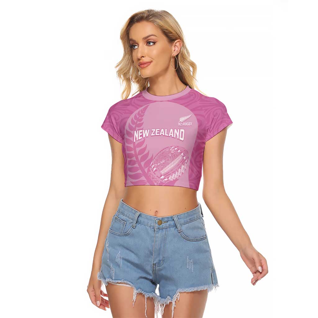 Custom New Zealand Silver Fern Rugby 2025 Raglan Cropped T Shirt All Black Aotearoa Maori Pink LT14 Female Pink - Polynesian Pride