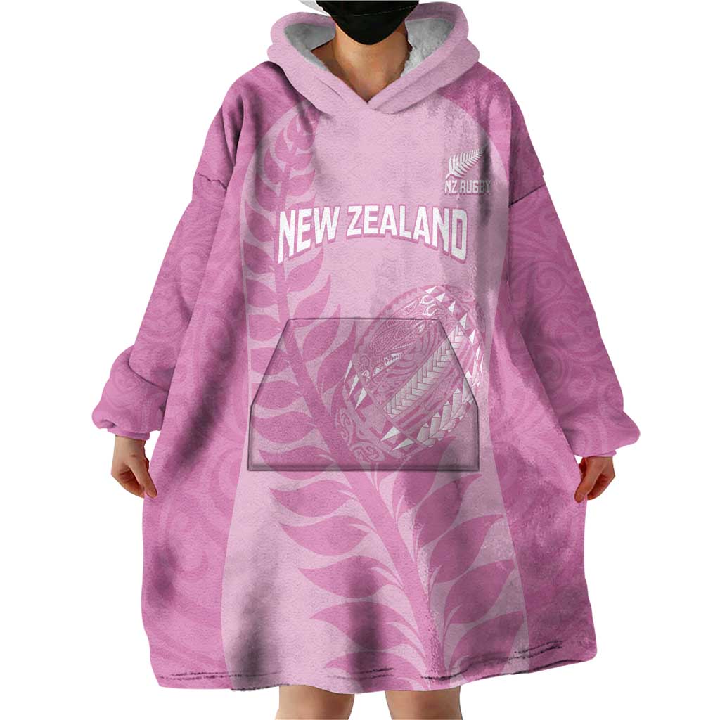 Custom New Zealand Silver Fern Rugby 2025 Wearable Blanket Hoodie All Black Aotearoa Maori Pink LT14 - Polynesian Pride