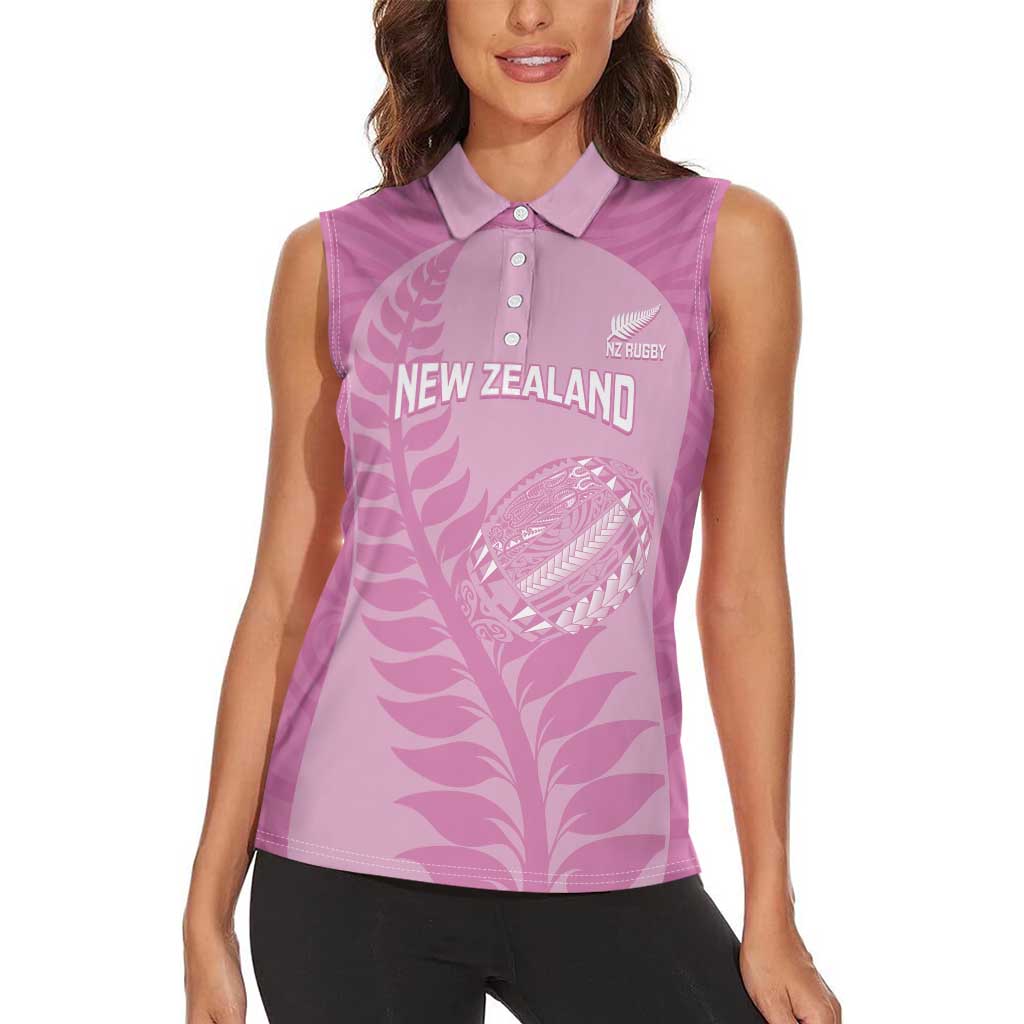 Custom New Zealand Silver Fern Rugby 2025 Women Sleeveless Polo Shirt All Black Aotearoa Maori Pink LT14 - Polynesian Pride
