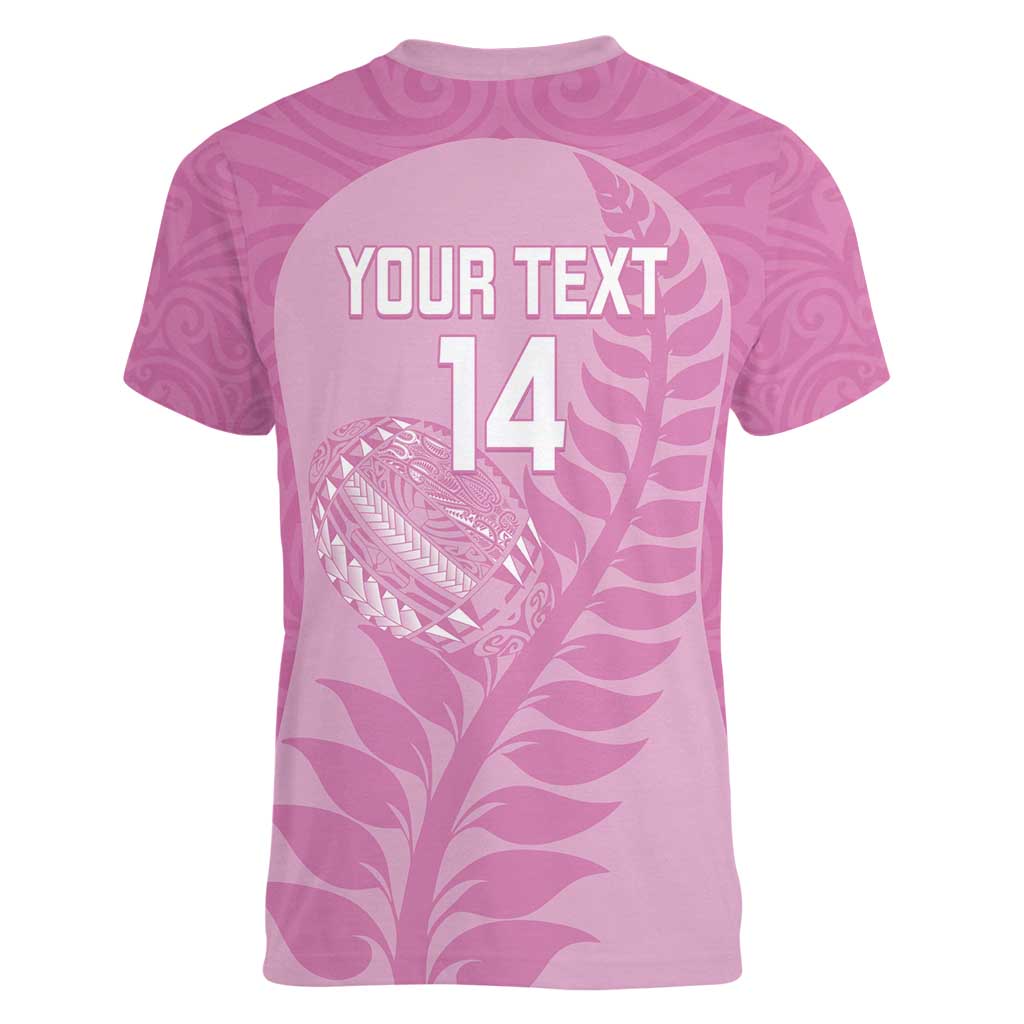 Custom New Zealand Silver Fern Rugby 2025 Women V-Neck T-Shirt All Black Aotearoa Maori Pink LT14 - Polynesian Pride