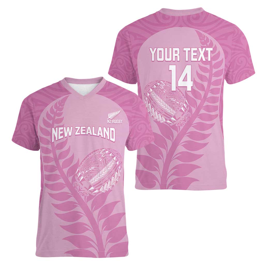 Custom New Zealand Silver Fern Rugby 2025 Women V-Neck T-Shirt All Black Aotearoa Maori Pink LT14 - Polynesian Pride
