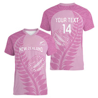 Custom New Zealand Silver Fern Rugby 2025 Women V-Neck T-Shirt All Black Aotearoa Maori Pink LT14 - Polynesian Pride