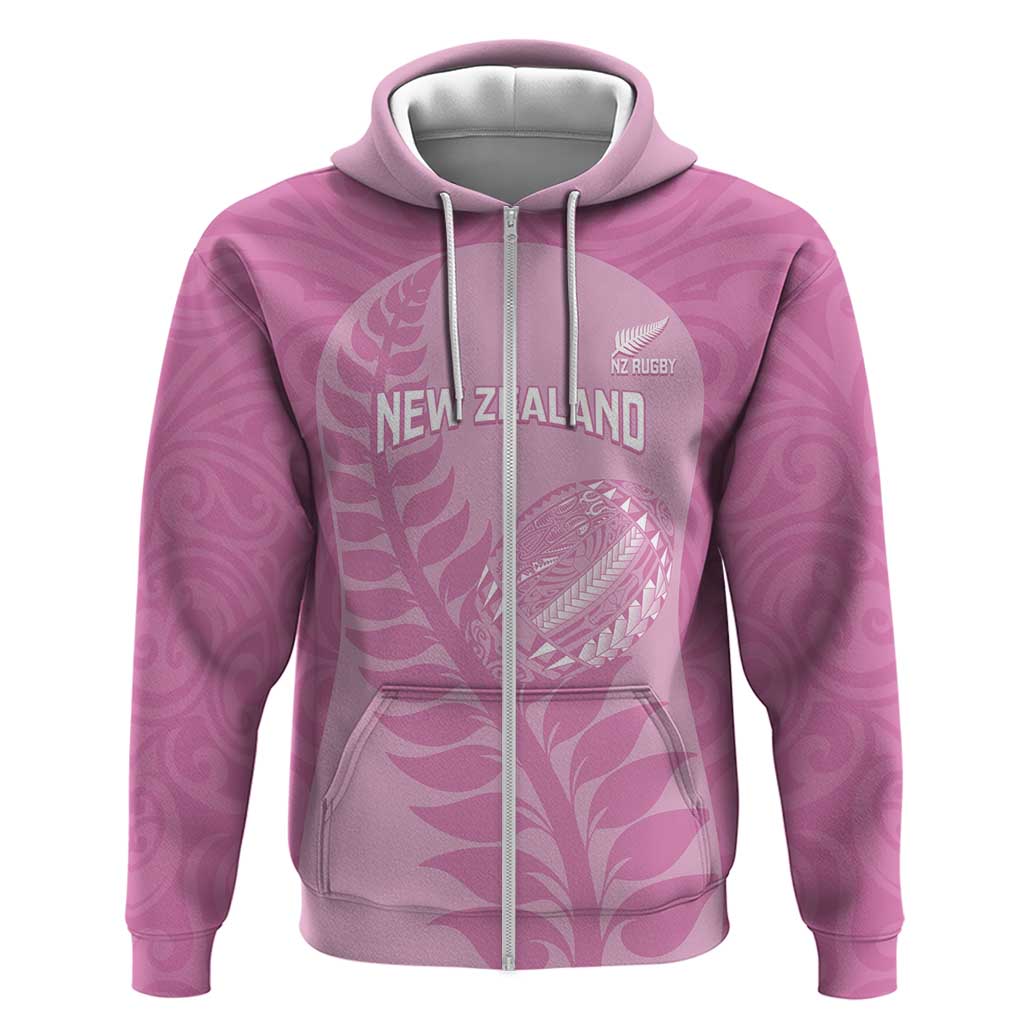 Custom New Zealand Silver Fern Rugby 2025 Zip Hoodie All Black Aotearoa Maori Pink LT14 Zip Hoodie Pink - Polynesian Pride