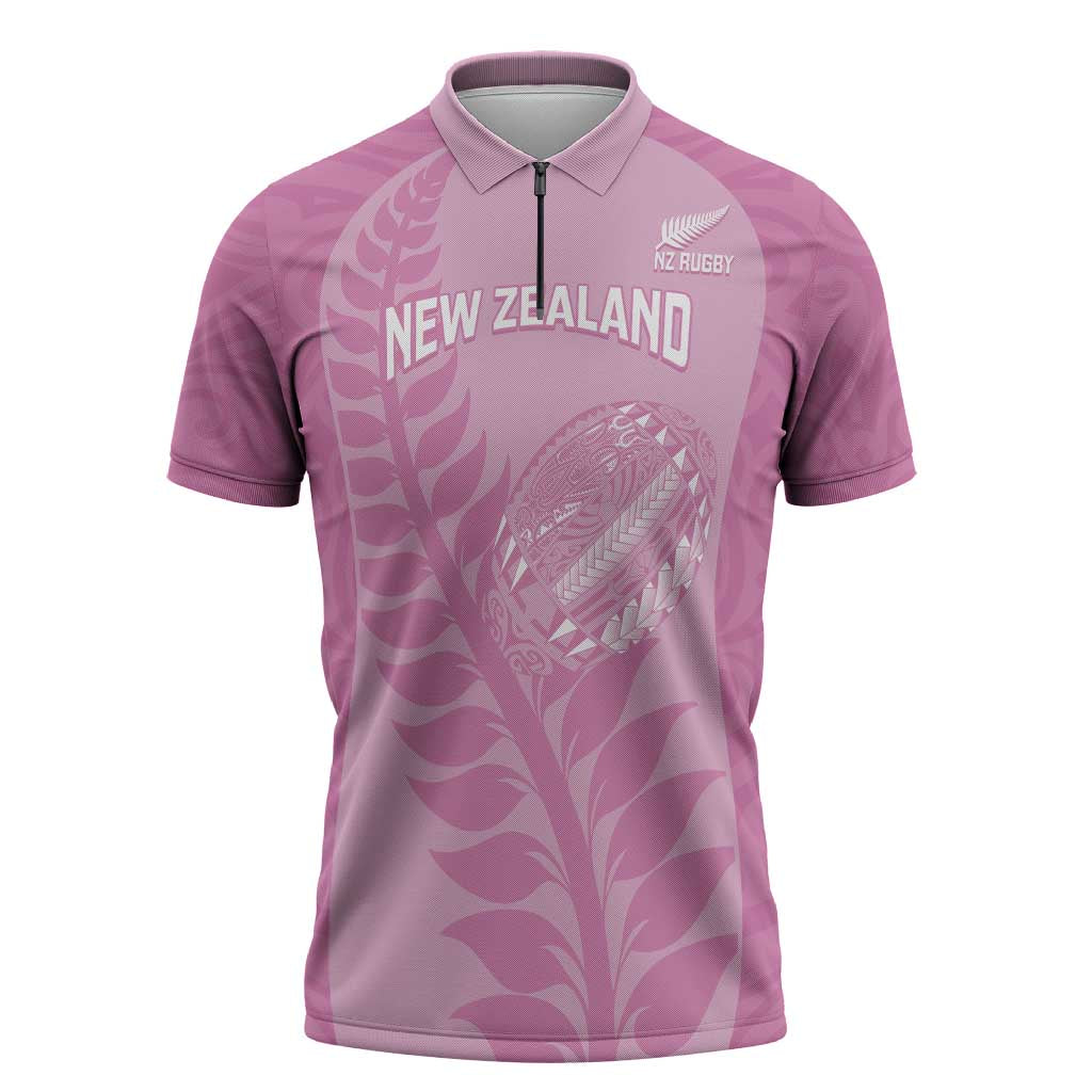 Custom New Zealand Silver Fern Rugby 2025 Zipper Polo Shirt All Black Aotearoa Maori Pink LT14 Pink - Polynesian Pride