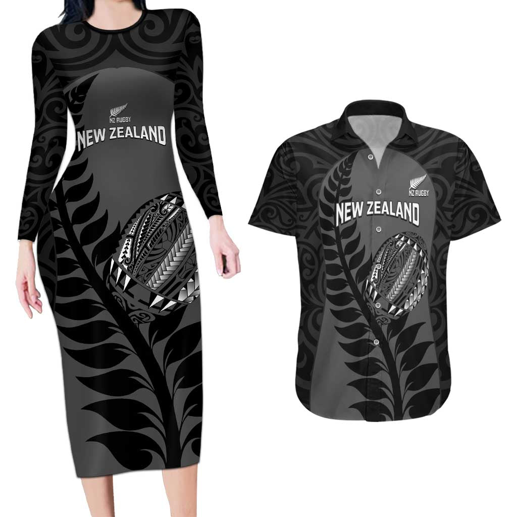 Custom New Zealand Silver Fern Rugby 2025 Couples Matching Long Sleeve Bodycon Dress and Hawaiian Shirt Go Champions Aotearoa Maori Black LT14 Black - Polynesian Pride