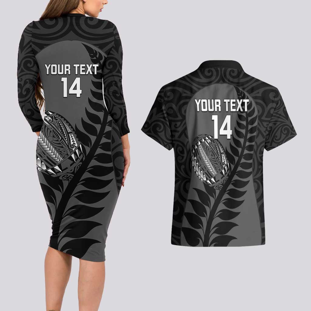 Custom New Zealand Silver Fern Rugby 2025 Couples Matching Long Sleeve Bodycon Dress and Hawaiian Shirt Go Champions Aotearoa Maori Black LT14 - Polynesian Pride