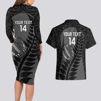 Custom New Zealand Silver Fern Rugby 2025 Couples Matching Long Sleeve Bodycon Dress and Hawaiian Shirt Go Champions Aotearoa Maori Black LT14 - Polynesian Pride