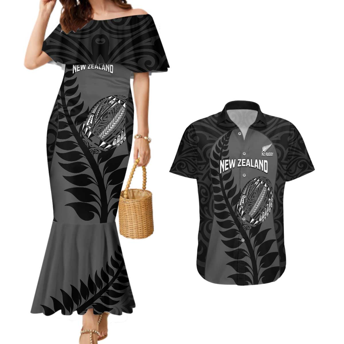 Custom New Zealand Silver Fern Rugby 2025 Couples Matching Mermaid Dress and Hawaiian Shirt Go Champions Aotearoa Maori Black LT14 Black - Polynesian Pride