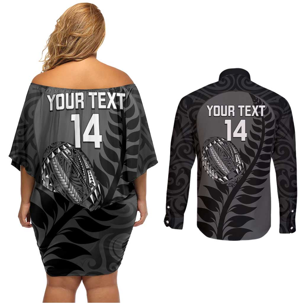 Custom New Zealand Silver Fern Rugby 2025 Couples Matching Off Shoulder Short Dress and Long Sleeve Button Shirt Go Champions Aotearoa Maori Black LT14 - Polynesian Pride