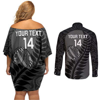 Custom New Zealand Silver Fern Rugby 2025 Couples Matching Off Shoulder Short Dress and Long Sleeve Button Shirt Go Champions Aotearoa Maori Black LT14 - Polynesian Pride