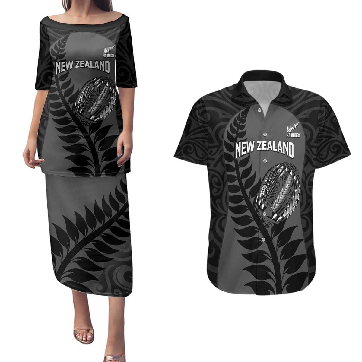 Custom New Zealand Silver Fern Rugby 2025 Couples Matching Puletasi and Hawaiian Shirt Go Champions Aotearoa Maori Black LT14 Black - Polynesian Pride