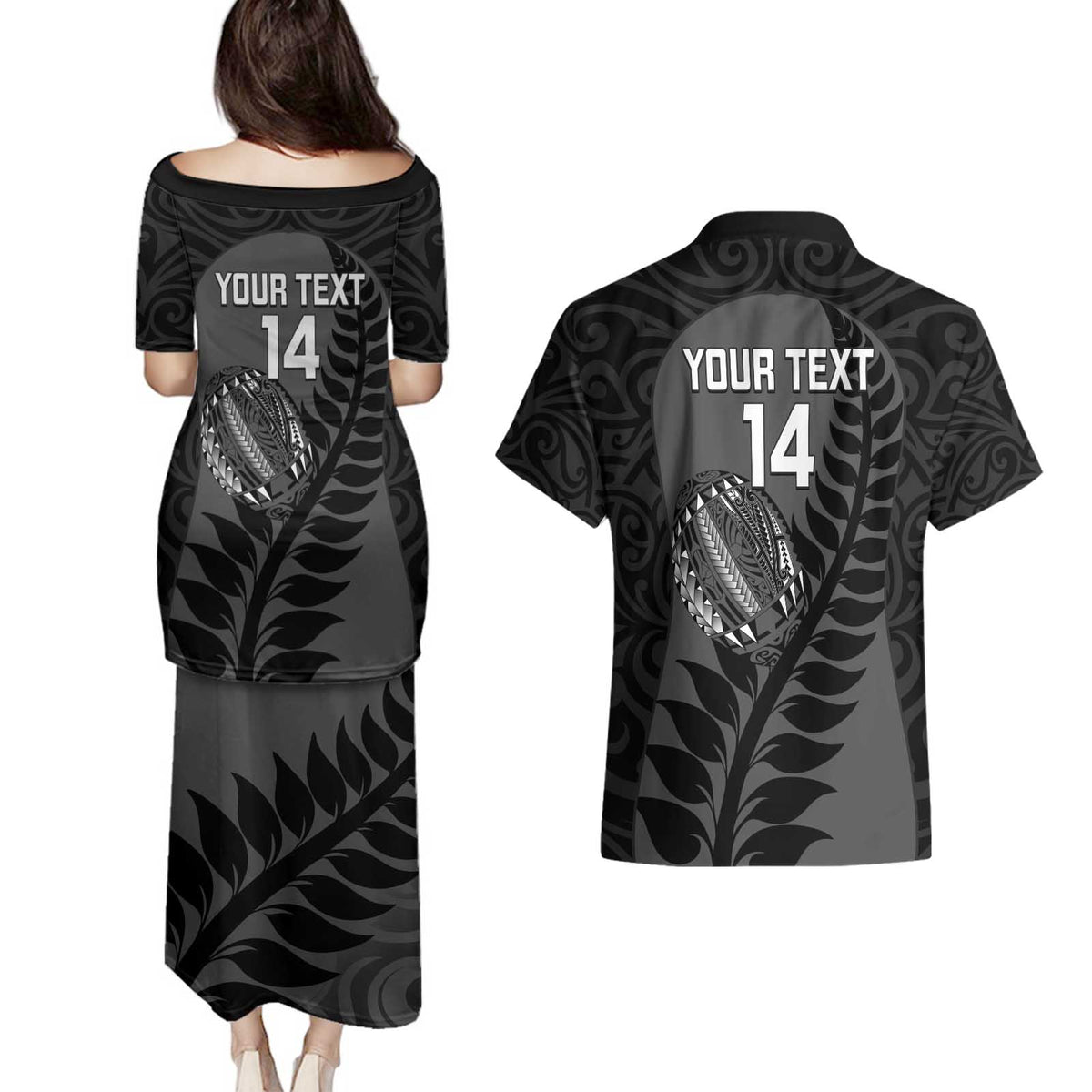Custom New Zealand Silver Fern Rugby 2025 Couples Matching Puletasi and Hawaiian Shirt Go Champions Aotearoa Maori Black LT14 - Polynesian Pride