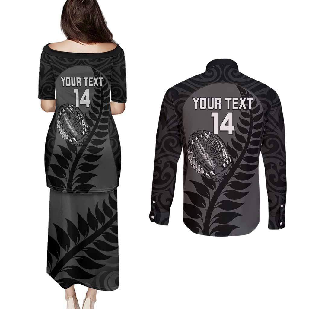 Custom New Zealand Silver Fern Rugby 2025 Couples Matching Puletasi and Long Sleeve Button Shirt Go Champions Aotearoa Maori Black LT14 - Polynesian Pride