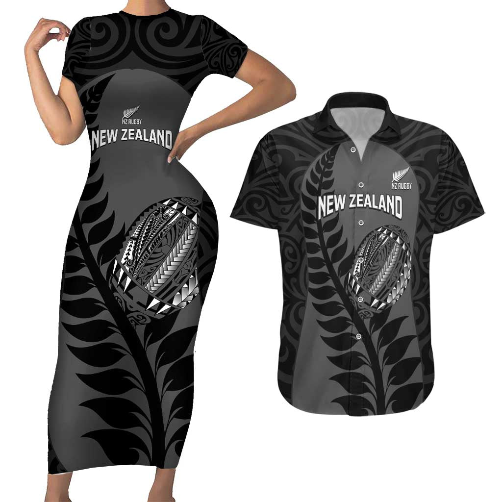 Custom New Zealand Silver Fern Rugby 2025 Couples Matching Short Sleeve Bodycon Dress and Hawaiian Shirt Go Champions Aotearoa Maori Black LT14 Black - Polynesian Pride