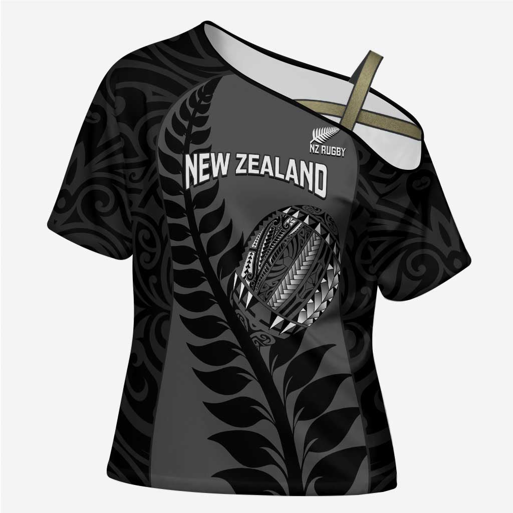 Custom New Zealand Silver Fern Rugby 2025 Cross Shoulder Shirt Go Champions Aotearoa Maori Black LT14 Female Black - Polynesian Pride