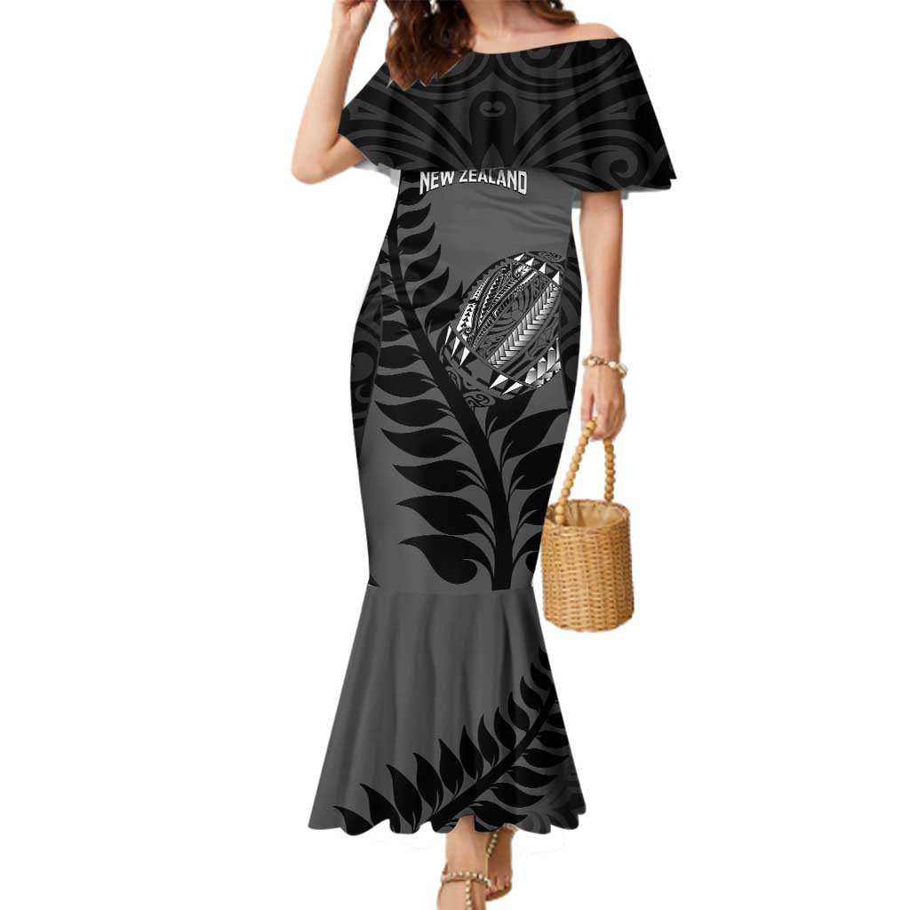 Custom New Zealand Silver Fern Rugby 2025 Family Matching Mermaid Dress and Hawaiian Shirt Go Champions Aotearoa Maori Black LT14 Mom's Dress Black - Polynesian Pride
