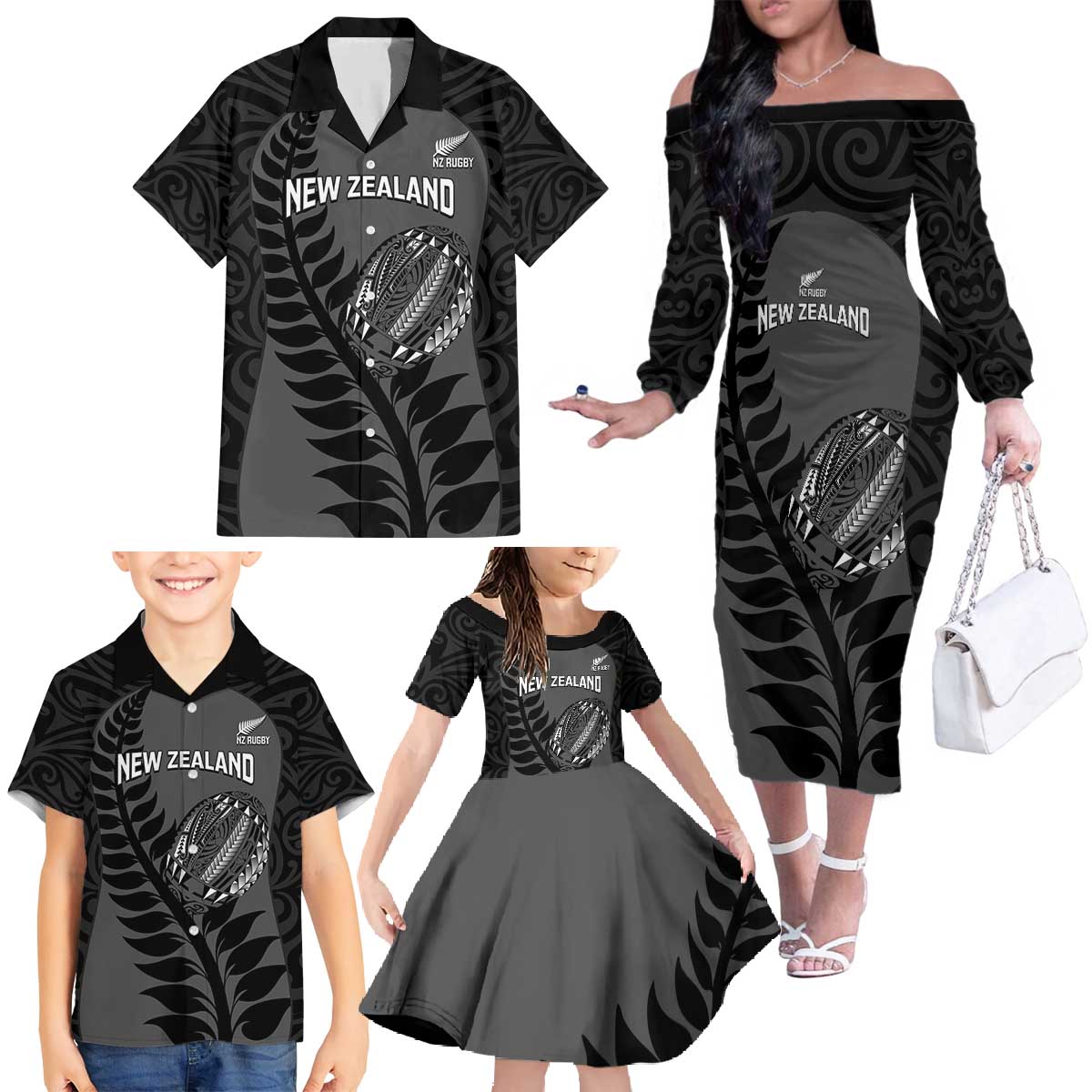 Custom New Zealand Silver Fern Rugby 2025 Family Matching Off The Shoulder Long Sleeve Dress and Hawaiian Shirt Go Champions Aotearoa Maori Black LT14 - Polynesian Pride