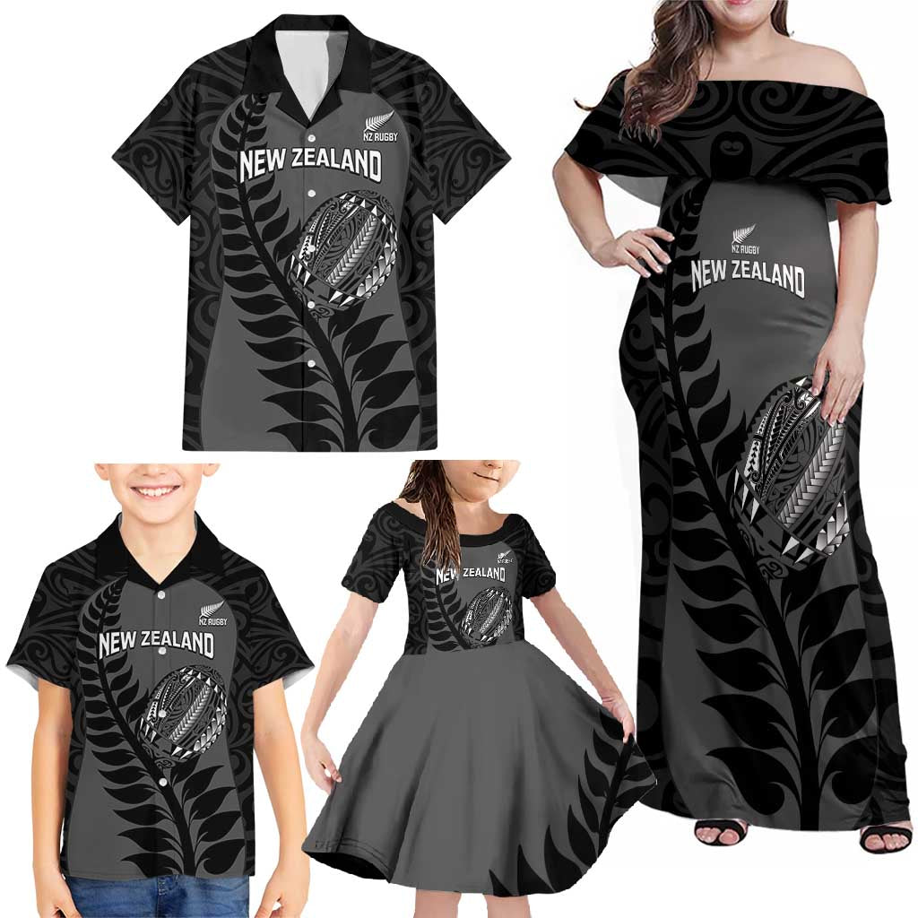 Custom New Zealand Silver Fern Rugby 2025 Family Matching Off Shoulder Maxi Dress and Hawaiian Shirt Go Champions Aotearoa Maori Black LT14 - Polynesian Pride