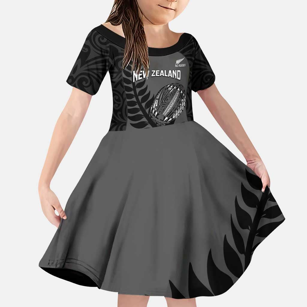 Custom New Zealand Silver Fern Rugby 2025 Family Matching Puletasi and Hawaiian Shirt Go Champions Aotearoa Maori Black LT14 Daughter's Dress Black - Polynesian Pride