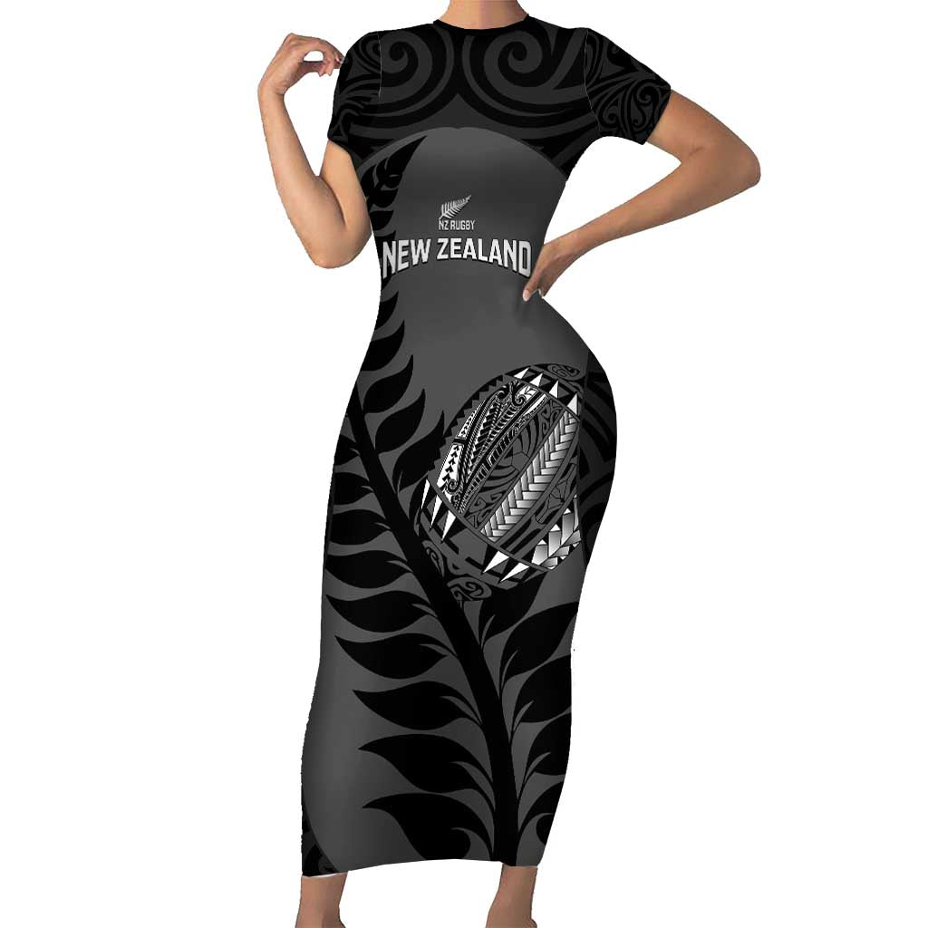 Custom New Zealand Silver Fern Rugby 2025 Family Matching Short Sleeve Bodycon Dress and Hawaiian Shirt Go Champions Aotearoa Maori Black LT14 Mom's Dress Black - Polynesian Pride