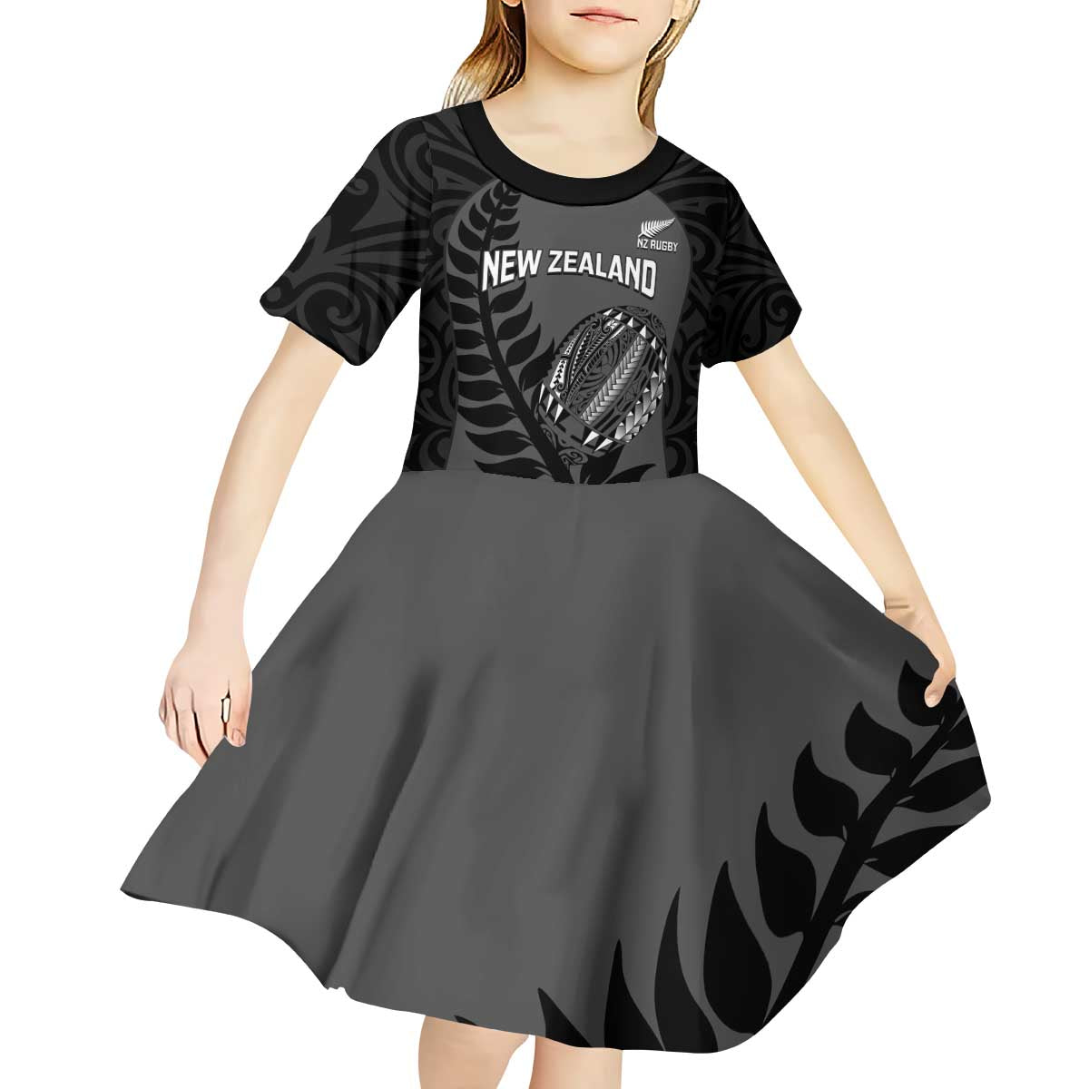Custom New Zealand Silver Fern Rugby 2025 Kid Short Sleeve Dress Go Champions Aotearoa Maori Black LT14 - Polynesian Pride