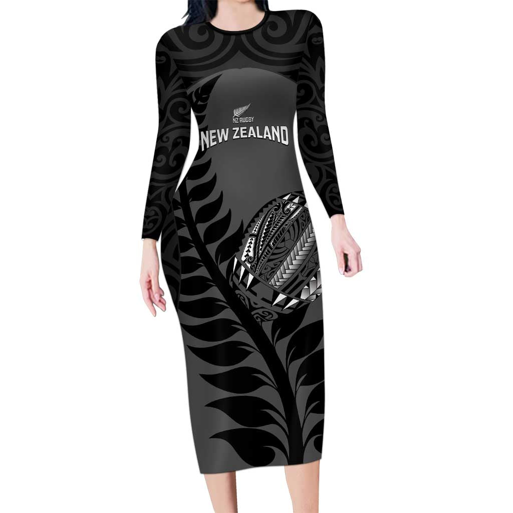 Custom New Zealand Silver Fern Rugby 2025 Long Sleeve Bodycon Dress Go Champions Aotearoa Maori Black LT14 Long Dress Black - Polynesian Pride