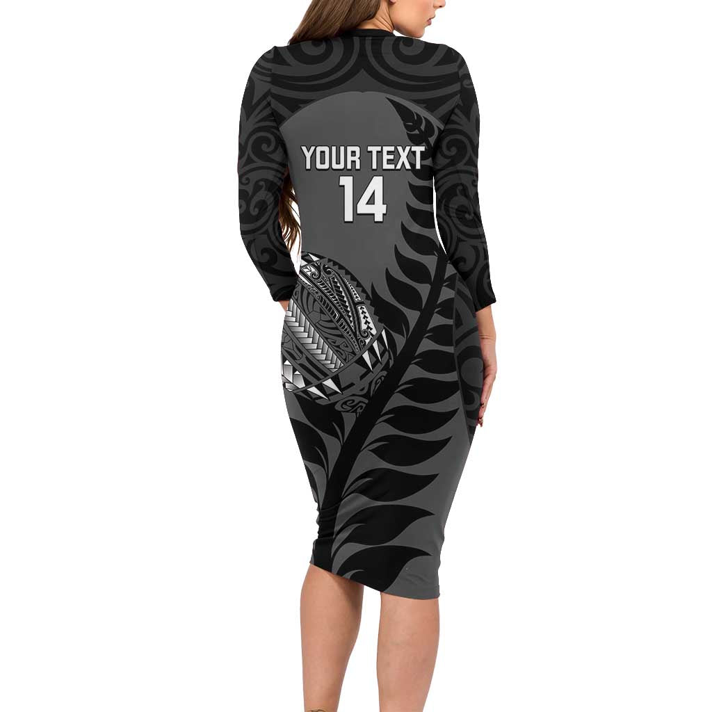Custom New Zealand Silver Fern Rugby 2025 Long Sleeve Bodycon Dress Go Champions Aotearoa Maori Black LT14 - Polynesian Pride