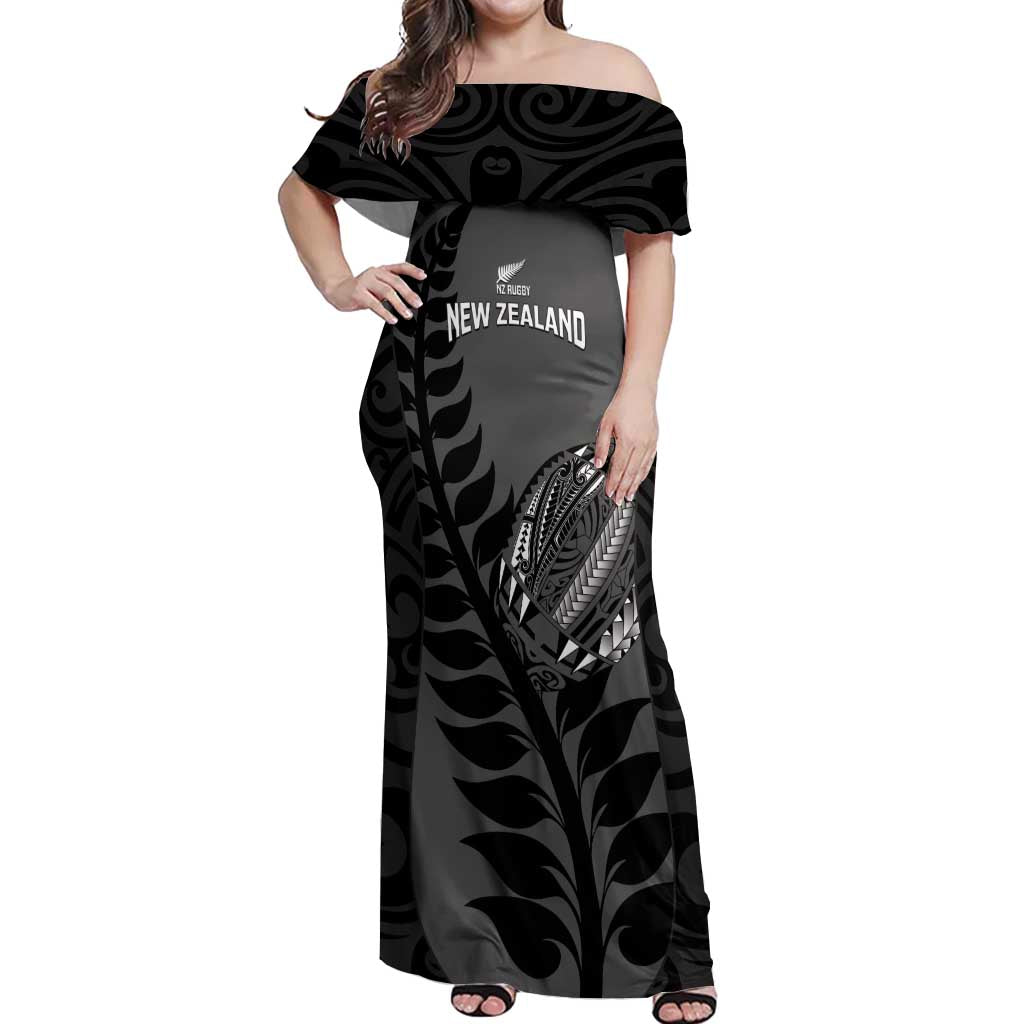 Custom New Zealand Silver Fern Rugby 2025 Off Shoulder Maxi Dress Go Champions Aotearoa Maori Black LT14 Women Black - Polynesian Pride