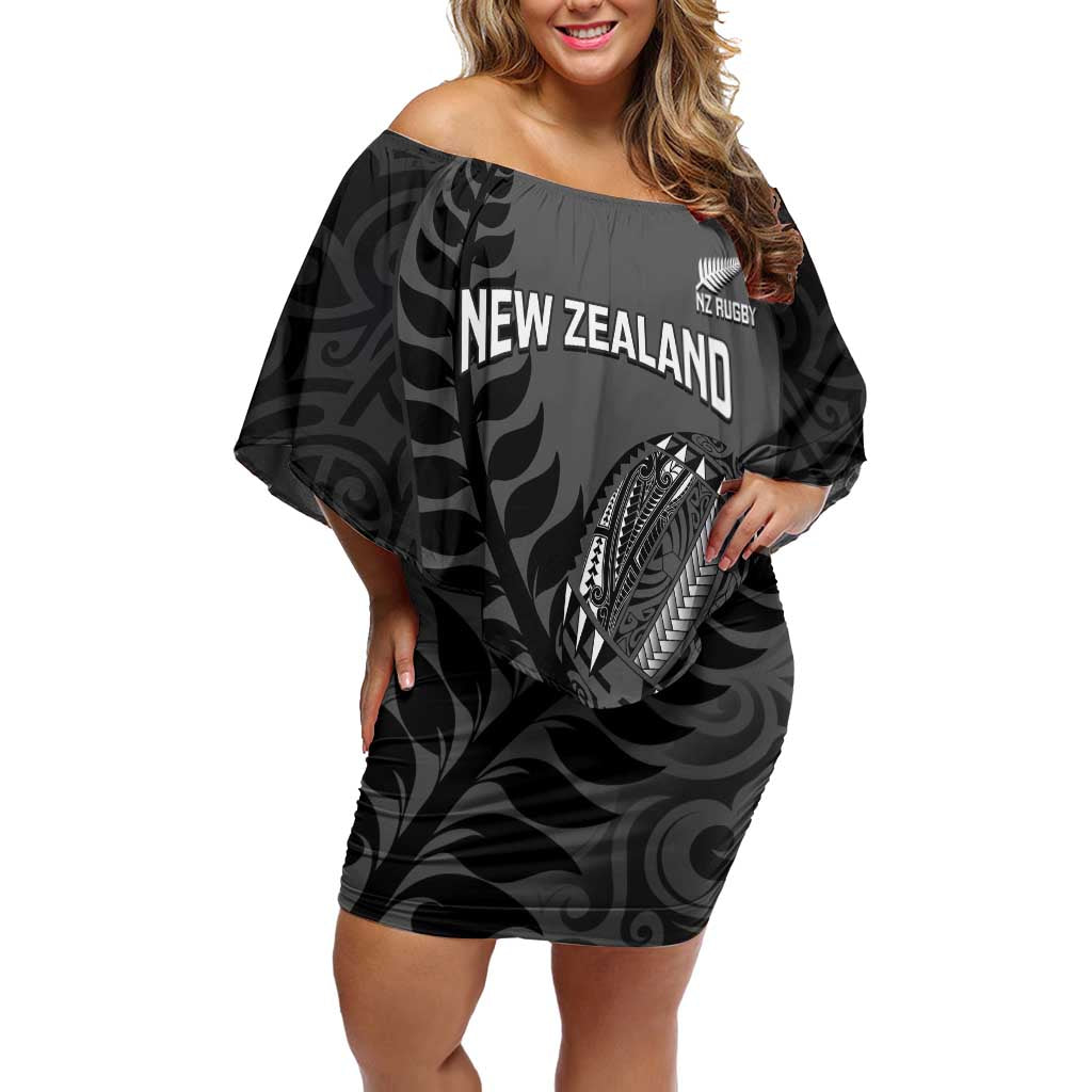 Custom New Zealand Silver Fern Rugby 2025 Off Shoulder Short Dress Go Champions Aotearoa Maori Black LT14 Women Black - Polynesian Pride