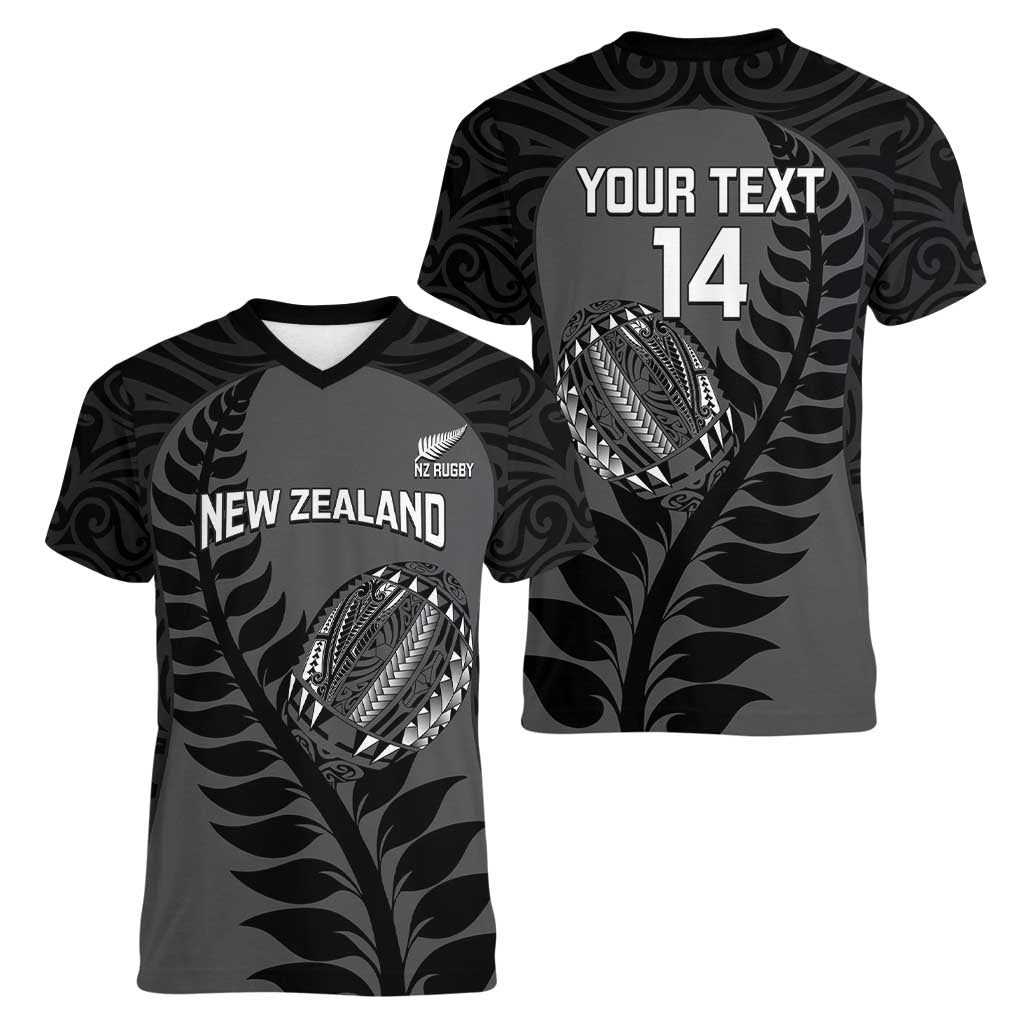 Custom New Zealand Silver Fern Rugby 2025 Women V-Neck T-Shirt Go Champions Aotearoa Maori Black LT14 - Polynesian Pride