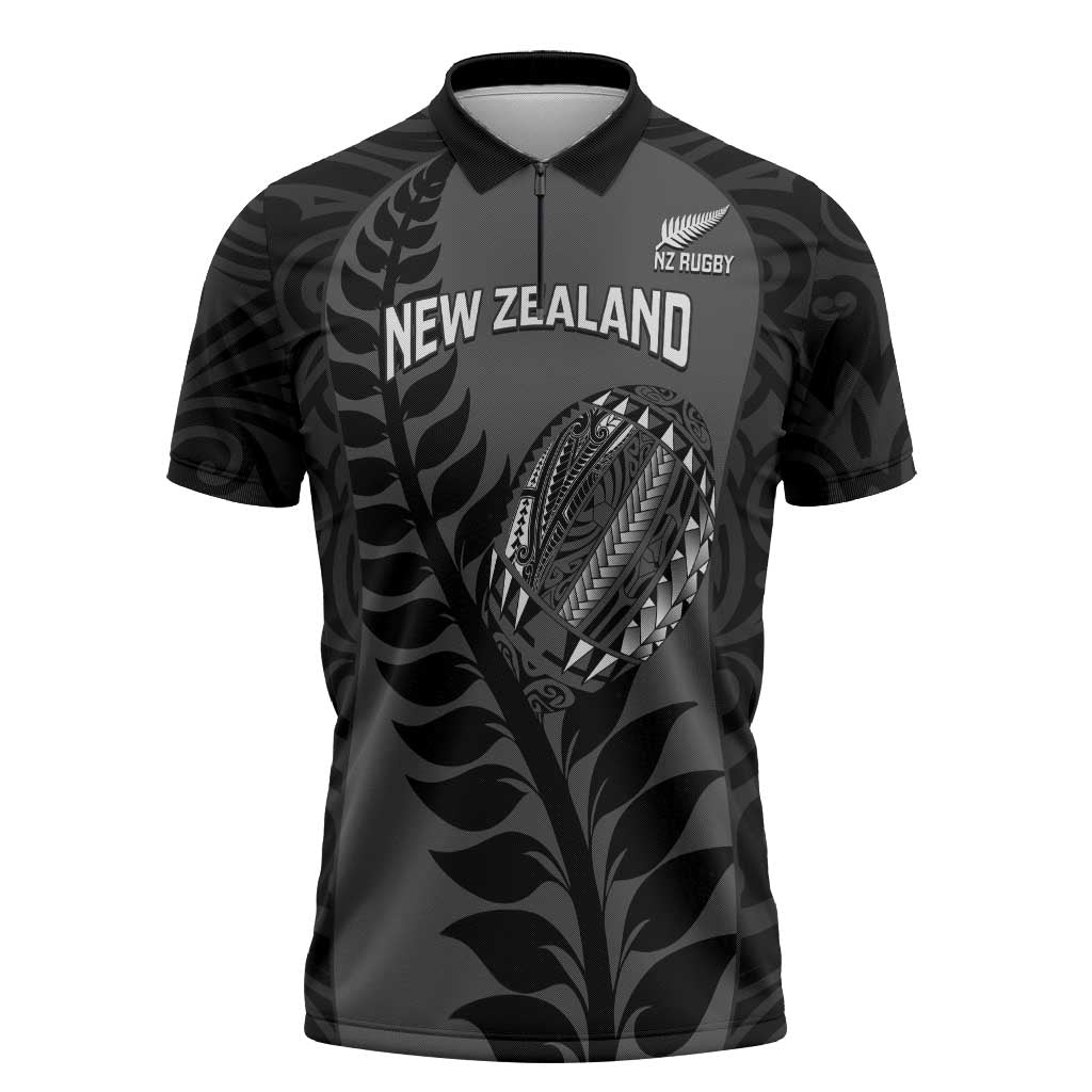 Custom New Zealand Silver Fern Rugby 2025 Zipper Polo Shirt Go Champions Aotearoa Maori Black LT14 Black - Polynesian Pride