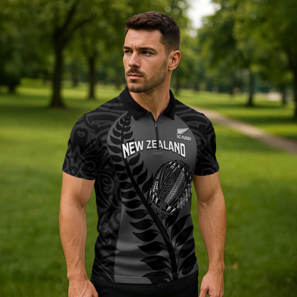 Custom New Zealand Silver Fern Rugby 2025 Zipper Polo Shirt Go Champions Aotearoa Maori Black LT14 - Polynesian Pride