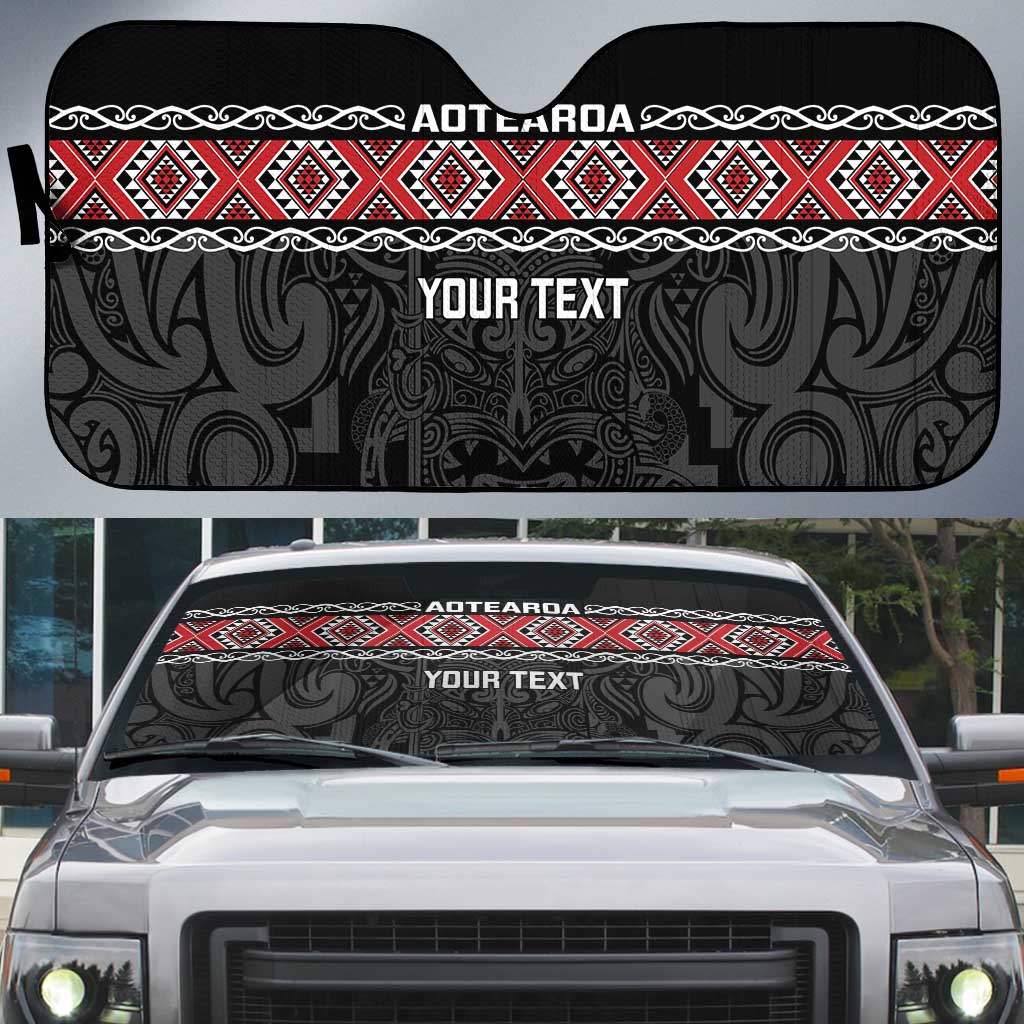 Custom New Zealand Silver Fern Rugby Auto Sun Shade All Black Maori Taniko Pattern - Polynesian Pride