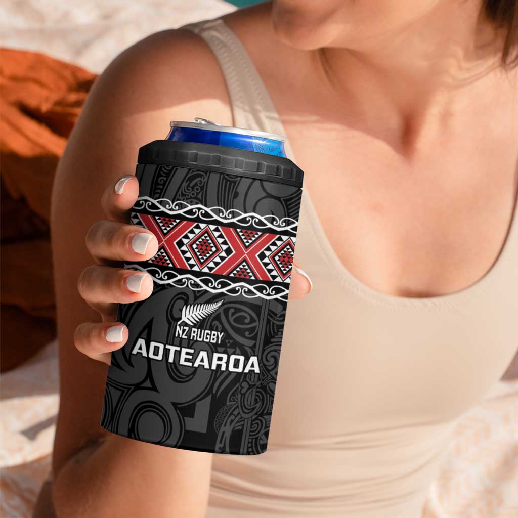 Custom New Zealand Silver Fern Rugby 4 in 1 Can Cooler Tumbler All Black Maori Taniko Pattern