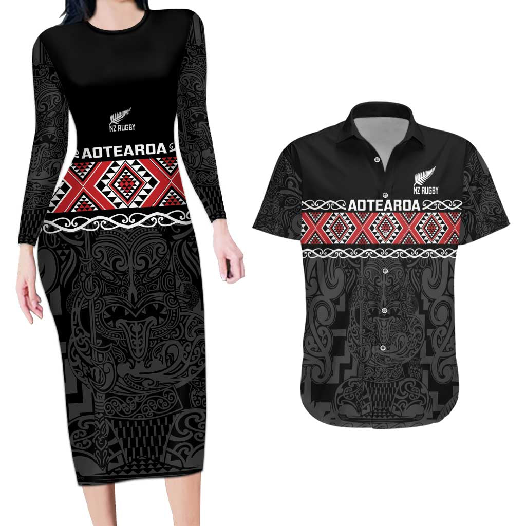 Custom New Zealand Silver Fern Rugby Couples Matching Long Sleeve Bodycon Dress and Hawaiian Shirt All Black Maori Taniko Pattern LT14 Black - Polynesian Pride
