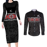 Custom New Zealand Silver Fern Rugby Couples Matching Long Sleeve Bodycon Dress and Long Sleeve Button Shirt All Black Maori Taniko Pattern LT14 Black - Polynesian Pride