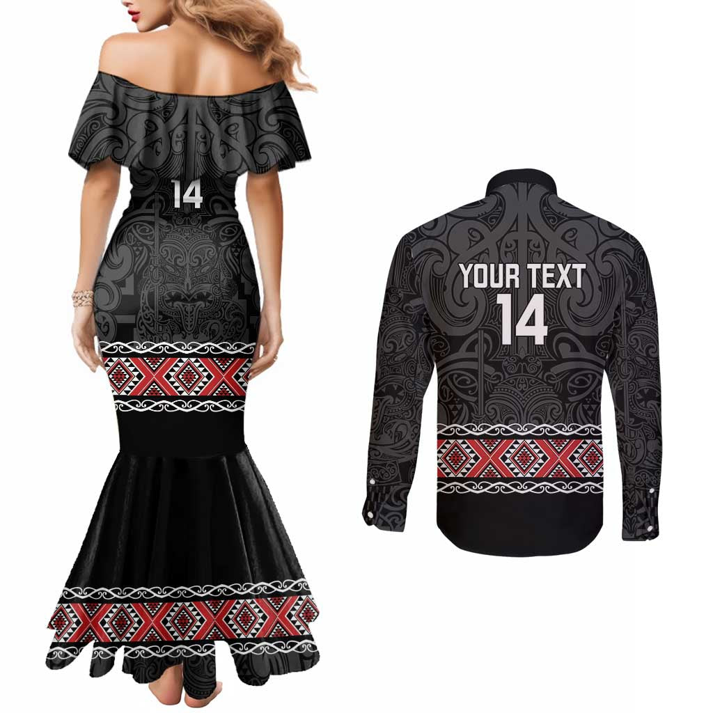 Custom New Zealand Silver Fern Rugby Couples Matching Mermaid Dress and Long Sleeve Button Shirt All Black Maori Taniko Pattern LT14 - Polynesian Pride