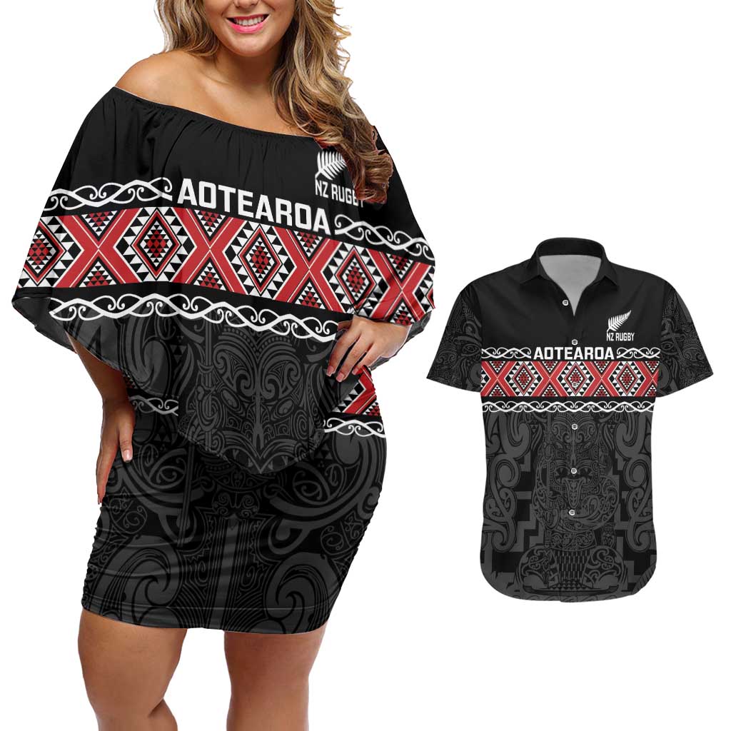 Custom New Zealand Silver Fern Rugby Couples Matching Off Shoulder Short Dress and Hawaiian Shirt All Black Maori Taniko Pattern LT14 Black - Polynesian Pride