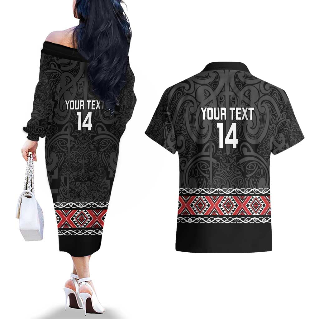 Custom New Zealand Silver Fern Rugby Couples Matching Off The Shoulder Long Sleeve Dress and Hawaiian Shirt All Black Maori Taniko Pattern LT14 - Polynesian Pride