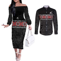 Custom New Zealand Silver Fern Rugby Couples Matching Off The Shoulder Long Sleeve Dress and Long Sleeve Button Shirt All Black Maori Taniko Pattern LT14 Black - Polynesian Pride