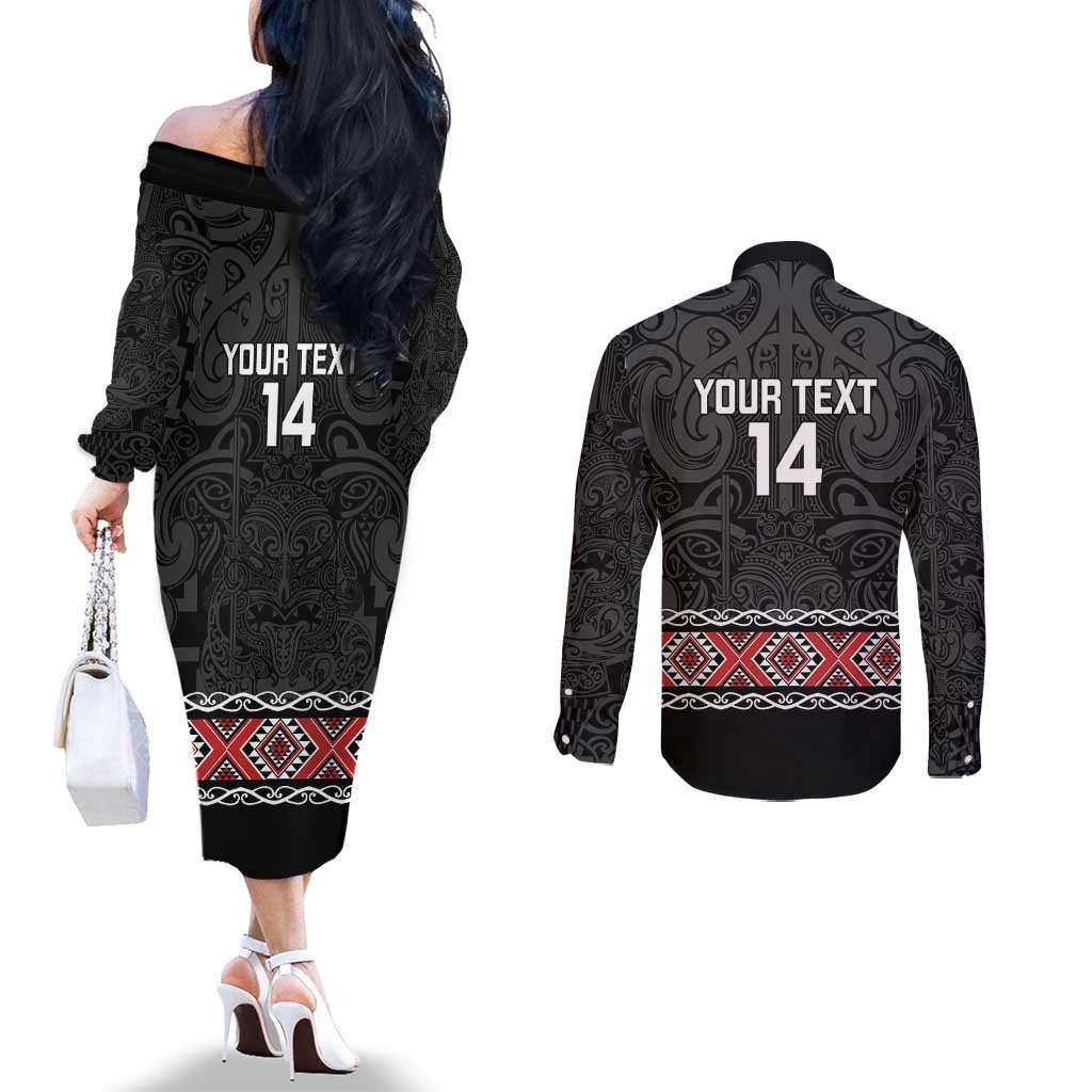 Custom New Zealand Silver Fern Rugby Couples Matching Off The Shoulder Long Sleeve Dress and Long Sleeve Button Shirt All Black Maori Taniko Pattern LT14 - Polynesian Pride