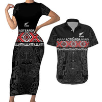 Custom New Zealand Silver Fern Rugby Couples Matching Short Sleeve Bodycon Dress and Hawaiian Shirt All Black Maori Taniko Pattern LT14 Black - Polynesian Pride