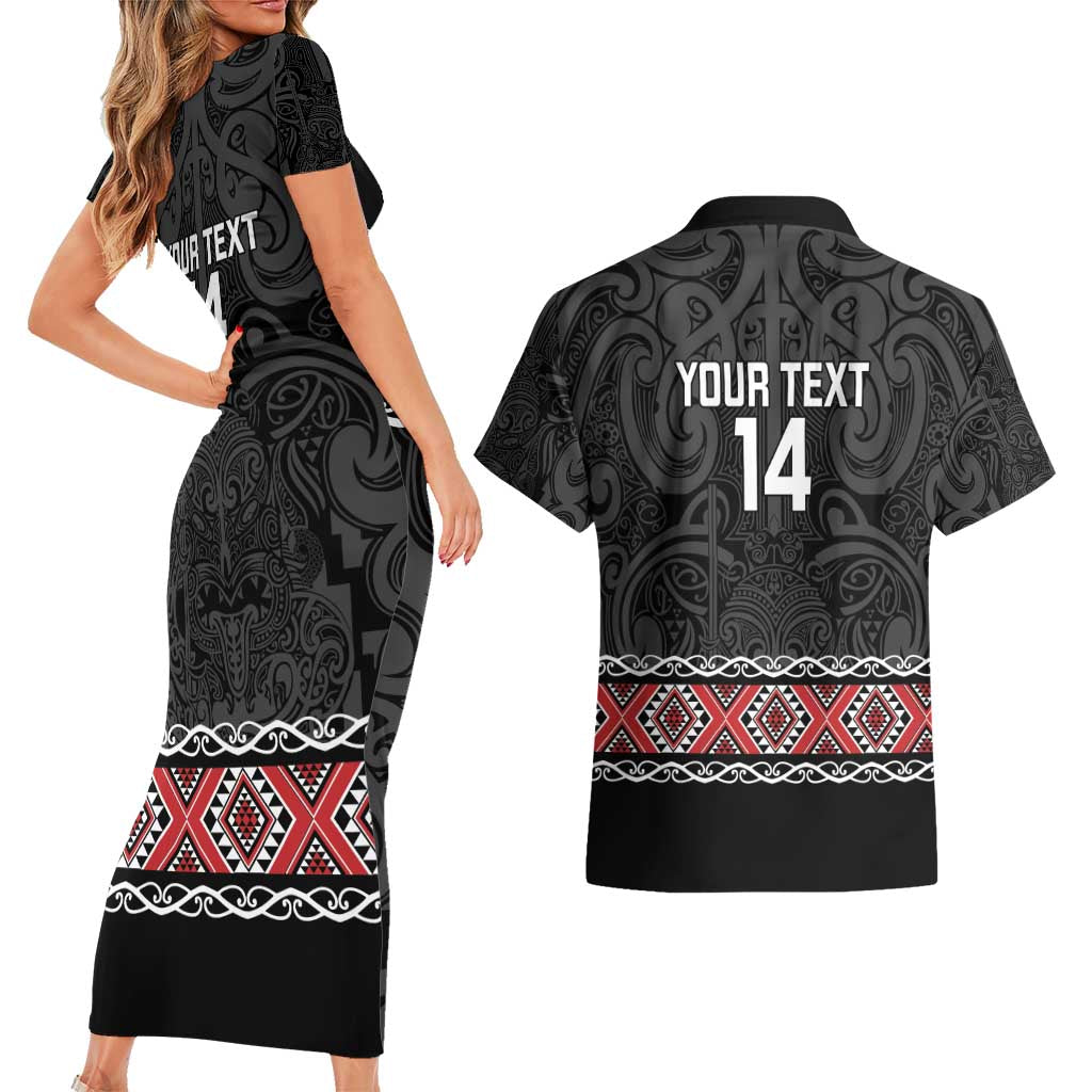 Custom New Zealand Silver Fern Rugby Couples Matching Short Sleeve Bodycon Dress and Hawaiian Shirt All Black Maori Taniko Pattern LT14 - Polynesian Pride