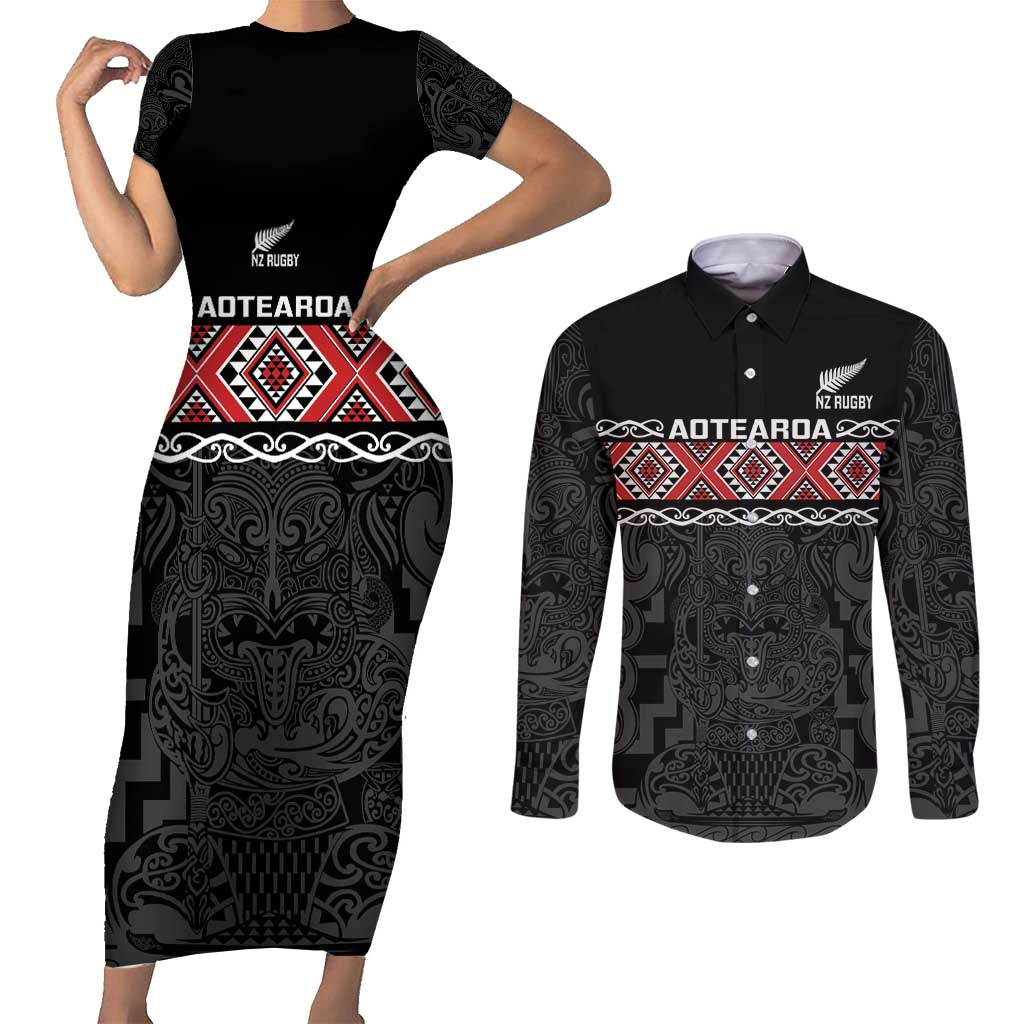 Custom New Zealand Silver Fern Rugby Couples Matching Short Sleeve Bodycon Dress and Long Sleeve Button Shirt All Black Maori Taniko Pattern LT14 Black - Polynesian Pride