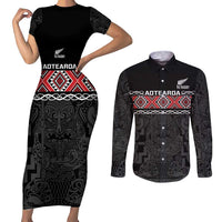 Custom New Zealand Silver Fern Rugby Couples Matching Short Sleeve Bodycon Dress and Long Sleeve Button Shirt All Black Maori Taniko Pattern LT14 Black - Polynesian Pride