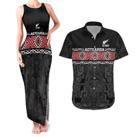 Custom New Zealand Silver Fern Rugby Couples Matching Tank Maxi Dress and Hawaiian Shirt All Black Maori Taniko Pattern LT14 Black - Polynesian Pride