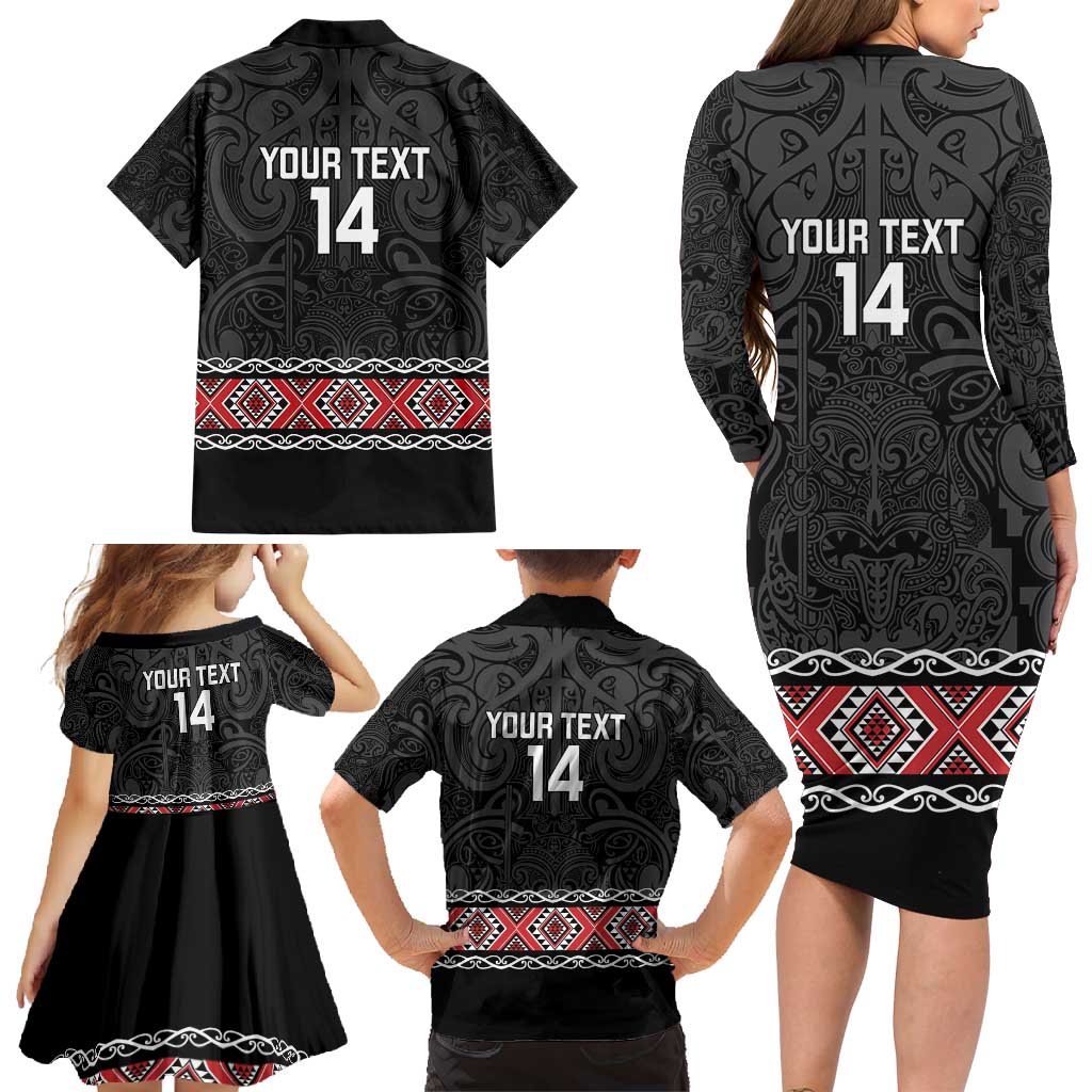 Custom New Zealand Silver Fern Rugby Family Matching Long Sleeve Bodycon Dress and Hawaiian Shirt All Black Maori Taniko Pattern LT14 - Polynesian Pride