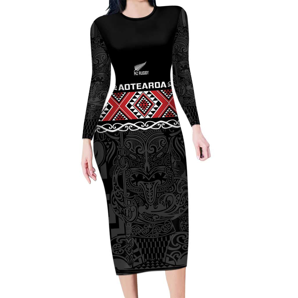 Custom New Zealand Silver Fern Rugby Family Matching Long Sleeve Bodycon Dress and Hawaiian Shirt All Black Maori Taniko Pattern LT14 Mom's Dress Black - Polynesian Pride