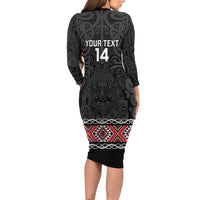 Custom New Zealand Silver Fern Rugby Family Matching Long Sleeve Bodycon Dress and Hawaiian Shirt All Black Maori Taniko Pattern LT14 - Polynesian Pride