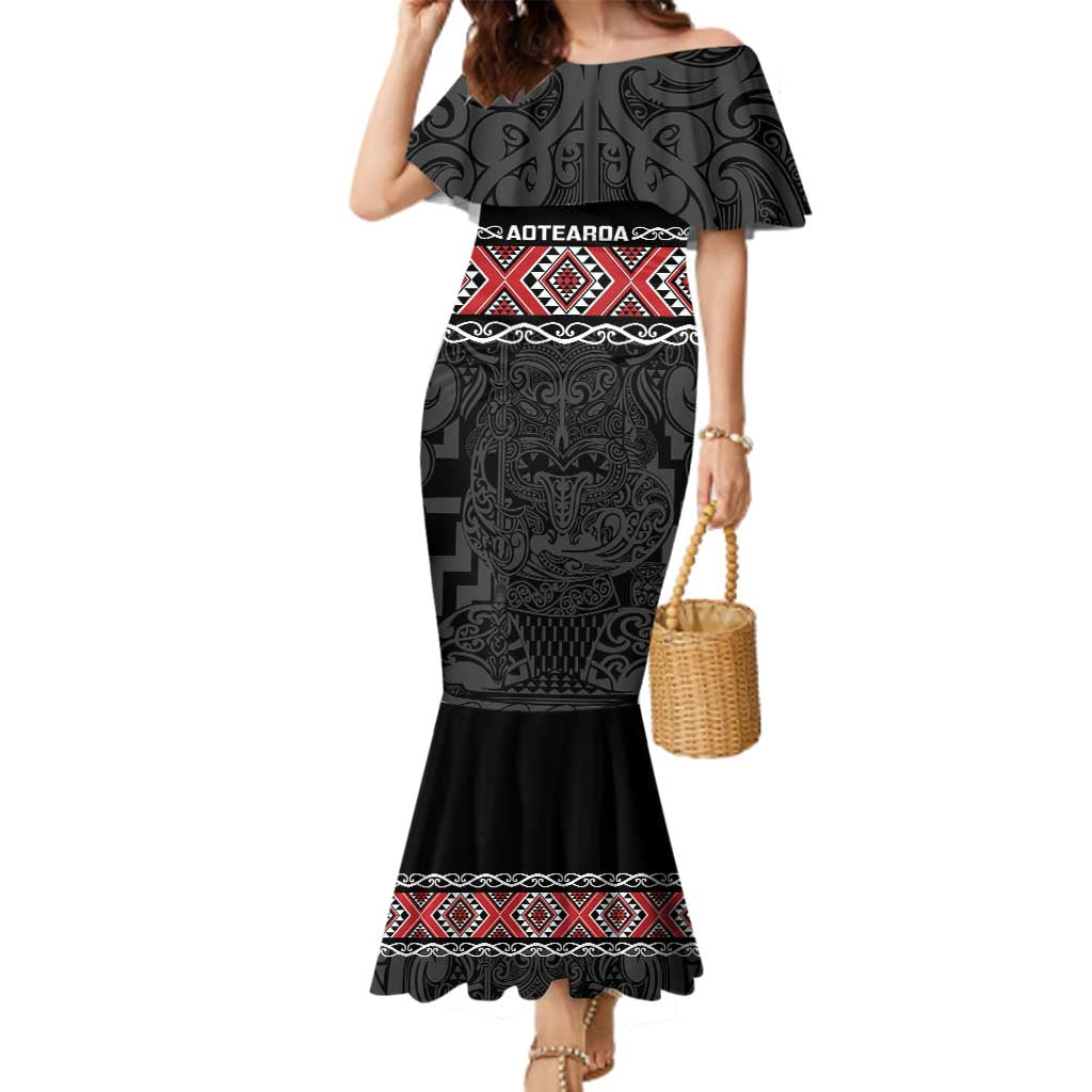 Custom New Zealand Silver Fern Rugby Family Matching Mermaid Dress and Hawaiian Shirt All Black Maori Taniko Pattern LT14 Mom's Dress Black - Polynesian Pride